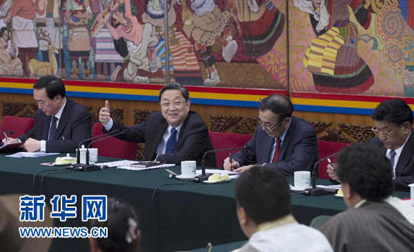 ??????3??0日,中共中央政治????委??全國政協(xié)主席俞正聲參加十二屆全國人大二次會(huì)議西藏代表團(tuán)的審議。新華社記??王曄??