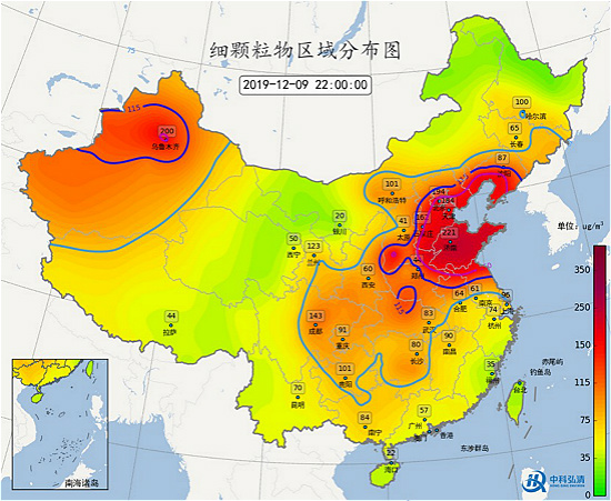 9日22時(shí)全國(guó)細(xì)顆粒物污染實(shí)況圖。(成都市生態(tài)環(huán)境局 供圖)
